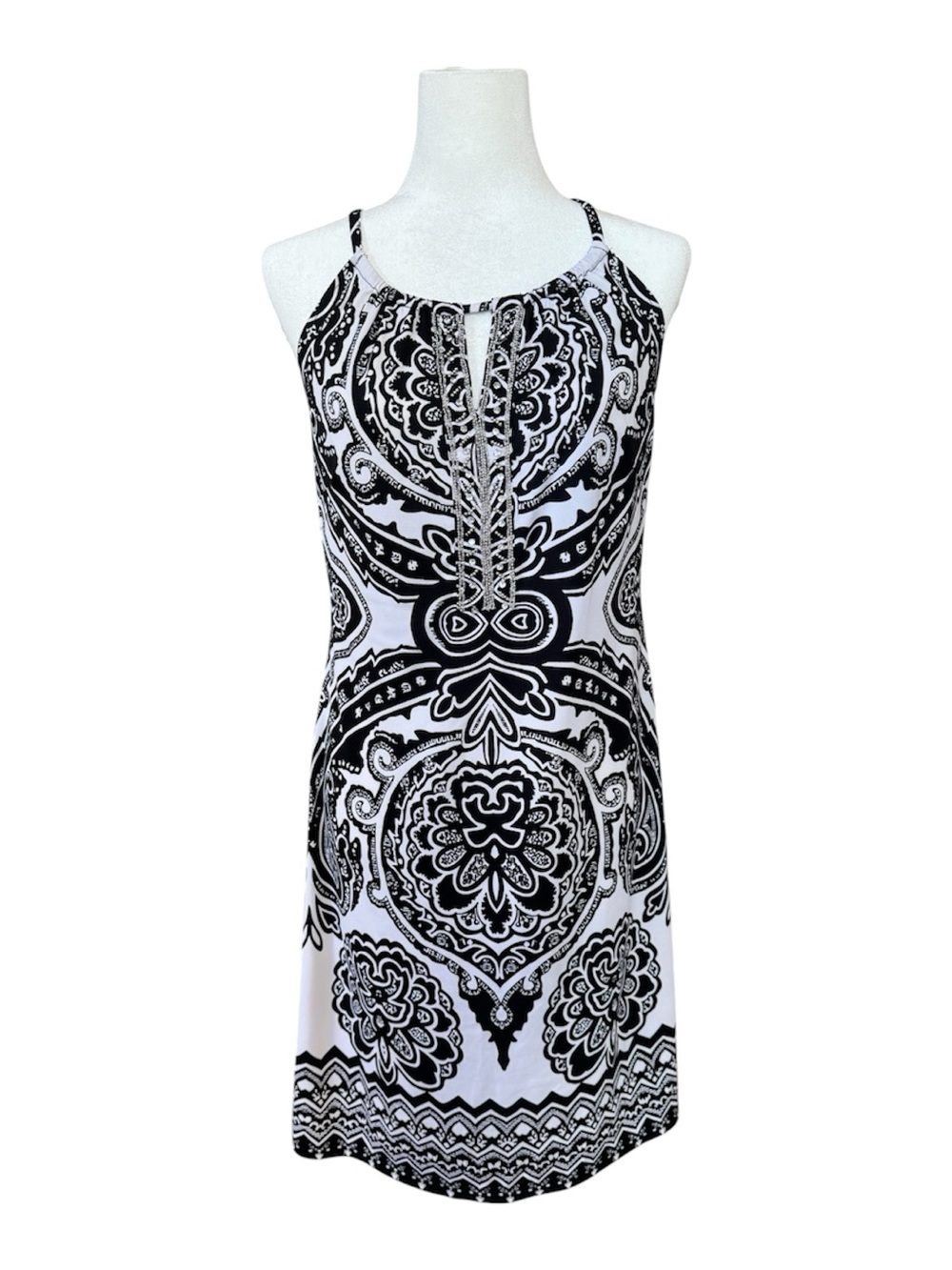 INC Y2k Black & White Paisley Halter Dress - Medium